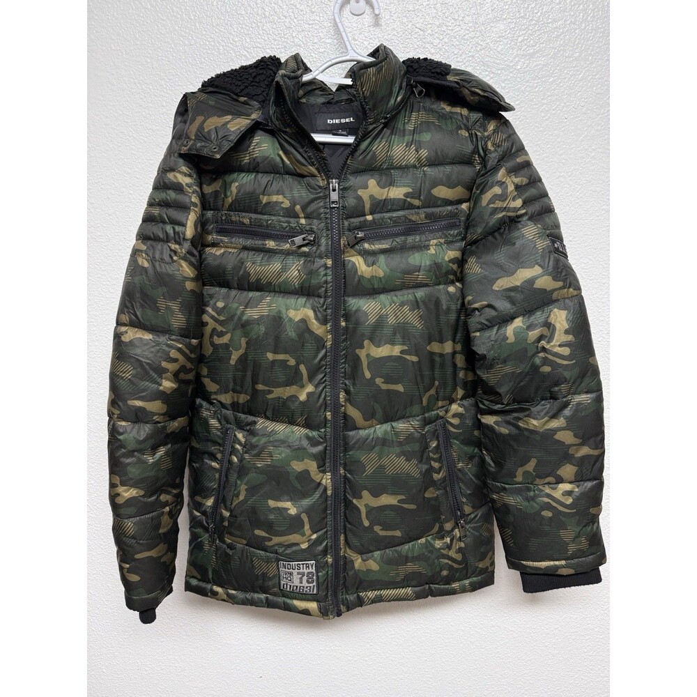 Boys DIESEL Green Camo Insulated Puffer Jacket Sz16 EUC